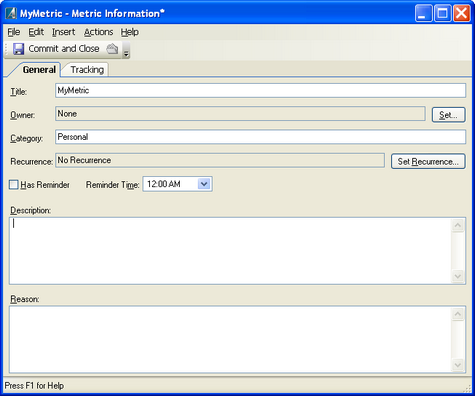 Achieve Planner's Metric Information Form - General Tab